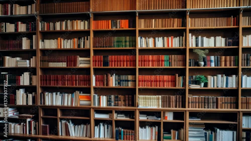 A video still of a library shelf filled with books, captured from a straight-on angle, showcasing a cozy and organized reading environment. A video still of a library shelf filled with books, captured from a straight-on angle, showcasing a cozy and organized reading environment.