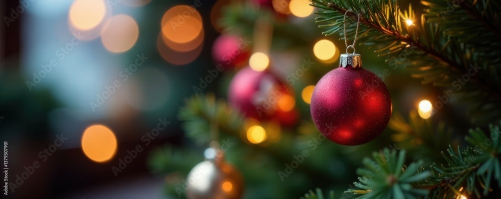 Focal point on Christmas tree with blurred lights and colorful baubles, holiday decoration, decorative elements, festive focal point Focal point on Christmas tree with blurred lights and colorful baubles, holiday decoration, decorative elements, festive focal point