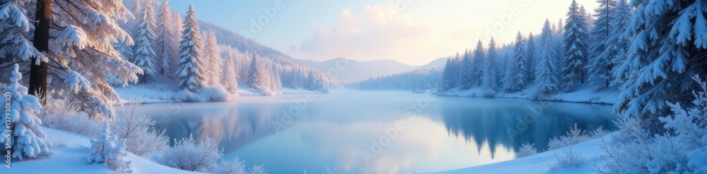 Fototapeta premium Frosty forest landscape with snow-covered trees and frozen lake, ice, forest, serene