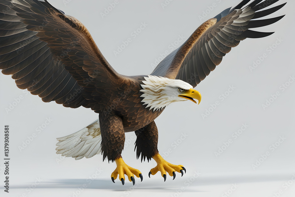 Fototapeta premium Bird Of Prey In Flight Against White Background of Sky,Majestic eagle soaring in the sky, cut out - stock png,a bird flying with wings spread,A finely crafted digital illustration of a bald eagle soar