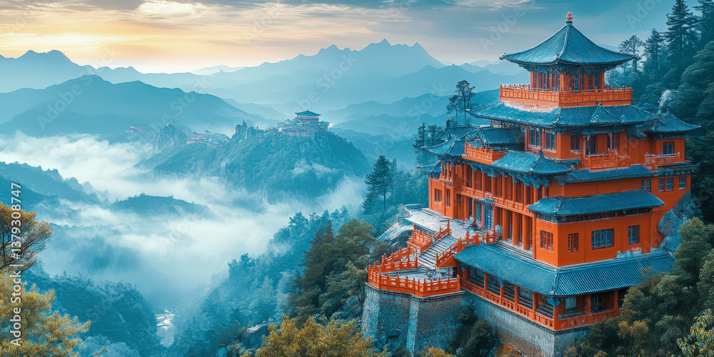Obraz premium Watercolor illustration of a Tibetan monastery nestled in the mountains during sunrise