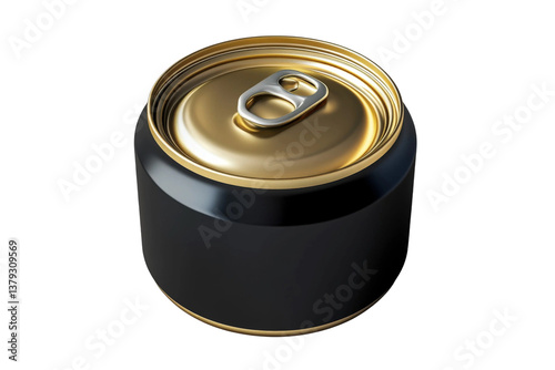 Black aluminum beverage can with a golden pull tab and shiny finish, isolated on a clean background for a minimalist design or product showcase