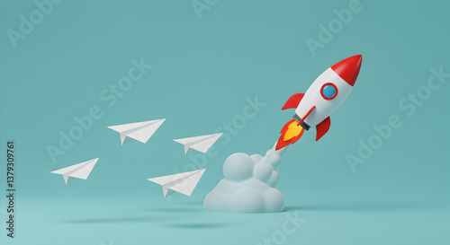 Red and White Rocket Soaring Past Paper Airplanes on Light Blue Background in Pixel Art Style