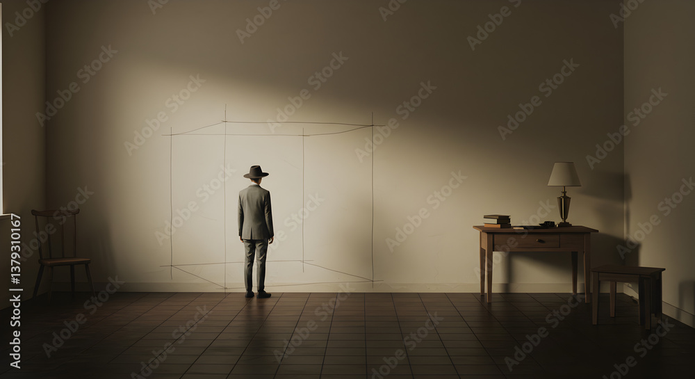 Obraz premium Pixelated Man Standing in Gray Suit and Hat in a Vintage Room with Desk and Chair Near a Window