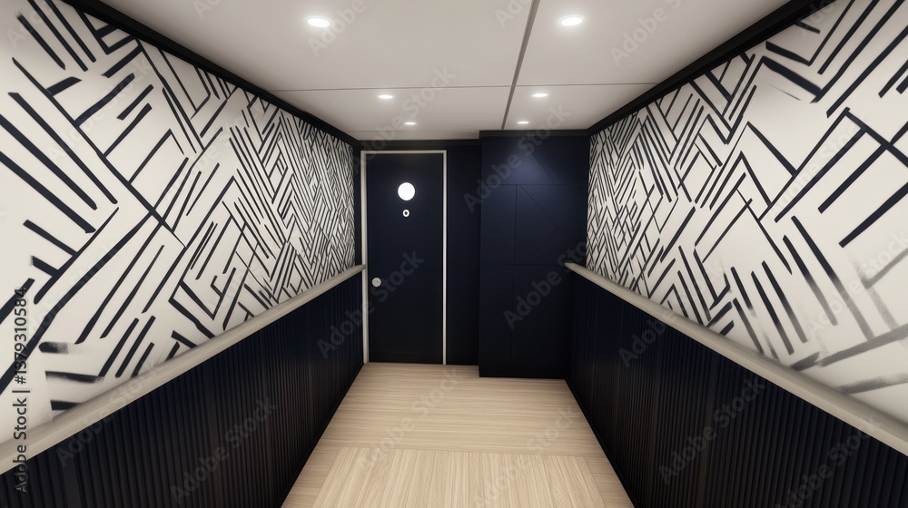 Obraz premium Modern Corridor with Geometric Wall Patterns and Wooden Floor