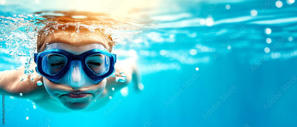Fototapeta premium A child swims underwater, wearing blue goggles, surrounded by sparkling water, capturing a moment of joy and adventure.