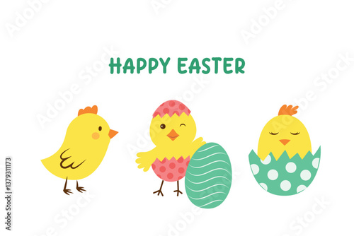 Happy Easter greeting card with chickens for kids, Easter egg hunt poster invitation, vector illustration