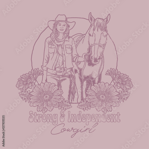HAND DRAWN VINTAGE COWGIRL GIRL LADY FEMALE EMPOWERMENT FEMINISM WILD WEST HORSE ANIMAL DESERT FLORAL FLOWER TSHIRT TEE PRINT FOR APPAREL MERCHANDISE