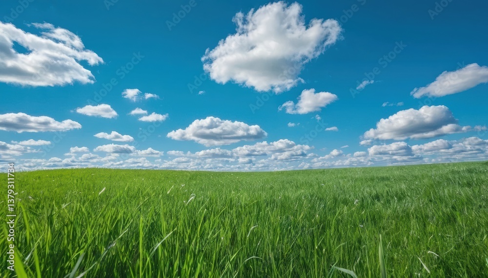 A field of grass with a blue sky and clouds. A field of grass with a blue sky and clouds.