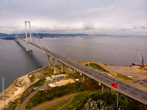 Image of the Osman Gazi suspension Bridge spanning the Izmit Gulf, Turkey. photo