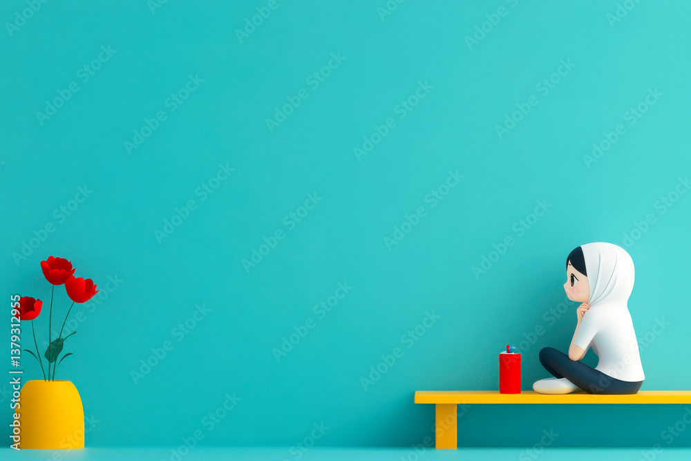Obraz premium A serene scene featuring a young girl in a hijab sitting on a yellow bench, with a red drink and flowers against a turquoise background.
