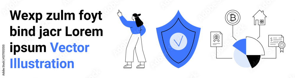 Woman gesturing, shield symbolizing security, pie chart linked to house, finance, credentials. Ideal for cyber security, data management, financial analysis, investment planning real estate
