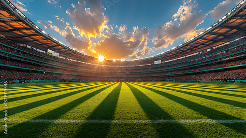Vast soccer stadium with bright golden sunset highlighting the lush green field.