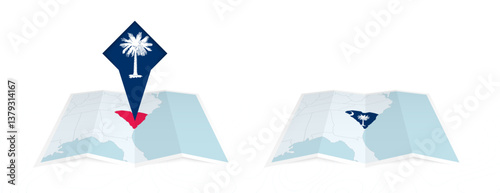 Two versions of an South Carolina folded map, one with a pinned country flag and one with a flag in the map contour. Template for both print and online design.