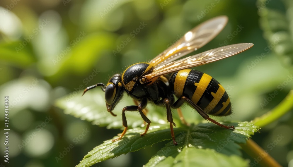 Obraz premium An insect rests on a leaf. The insect has a striped abdomen and two wings.