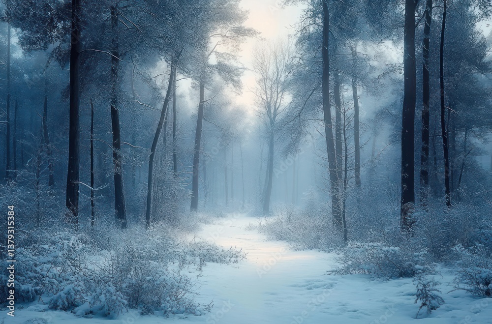 Fototapeta premium serene winter forest with snow-covered trees and foggy background in romantic realism