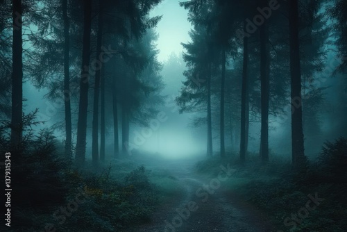 Fototapeta Naklejka Na Ścianę i Meble -  Mysterious Foggy Forest Shrouded in Mist Eerie Night Landscape