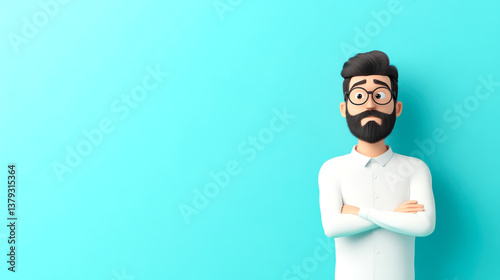 A cartoon character with glasses and a beard stands confidently against a bright blue background, arms crossed, exuding a thoughtful demeanor.