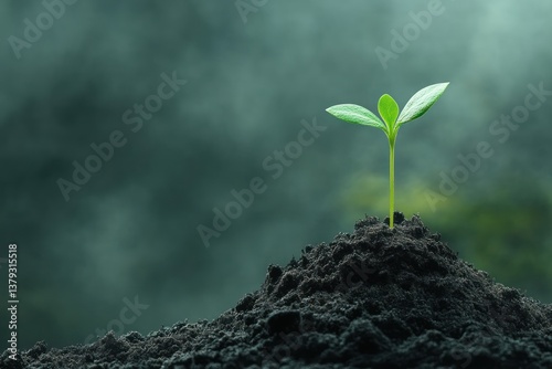 green sprout emerging from dark soil with soft natural light in serene atmosphere showcasing plant growth and germination