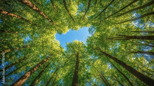 View of Lush Green Trees Against Clear Blue Sky from Forest Floor