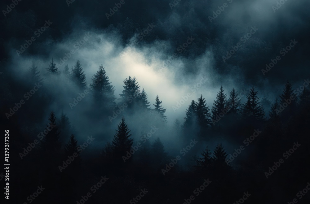 Fototapeta premium mysterious foggy forest landscape at night with dark pine trees and misty mountains
