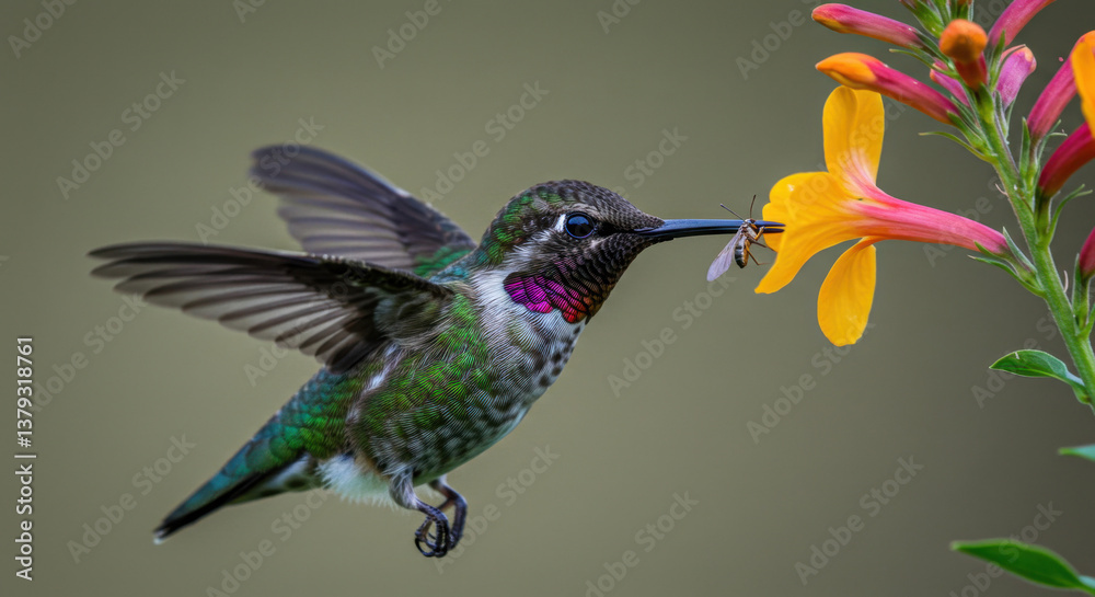 Fototapeta premium Hummingbird hovering and feeding on yellow flower