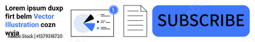 Abstract chart with pie graph, document, dollar icon, and bold subscribe button for actionable user engagement. Ideal for analytics, subscriptions, campaigns, finance, data insights marketing