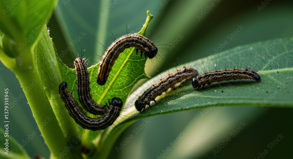 Obraz premium Caterpillars crawling on green leaves in a garden setting 