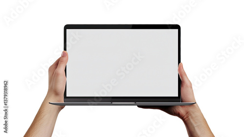 Laptop display in hand: A close-up shot of two hands gently holding a sleek, modern laptop, showcasing its bright screen