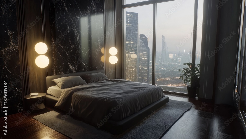 A modern bedroom with a city view and stylish lighting A modern bedroom with a city view and stylish lighting