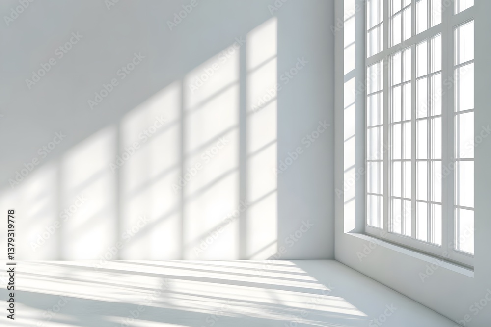 Bright sunlight streams through a large window into an empty white room. Bright sunlight streams through a large window into an empty white room.