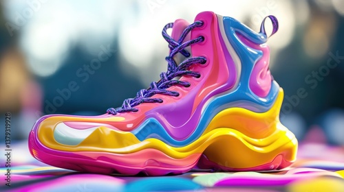 A whimsical depiction of a cartoon shoe design in bright colors