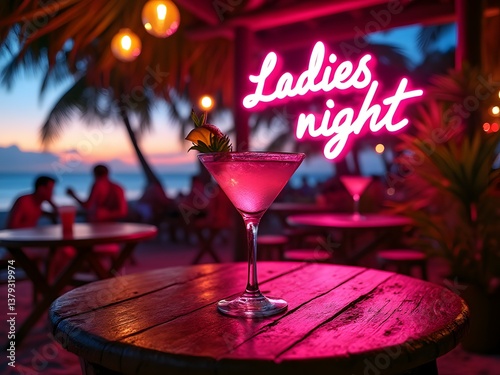 Tropical beachside bar at sunset, neon pink sign, Ladies Night, tropical cocktail glass on rustic wooden table, palm trees, cozy ambiance
