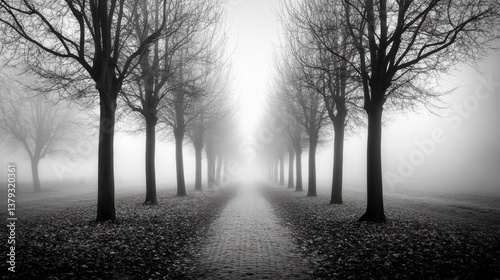 Misty Pathway Through Leafless Trees in a Foggy Landscape