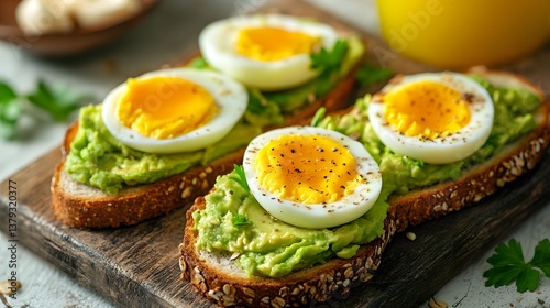 Close-up of several avocado toast slices topped with sliced hard-boiled eggs and fresh herbs, arranged on a rustic wooden cutting board.