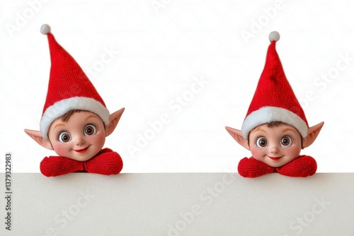 Mischievous Elf Dolls Peeking Playful Whimsical Christmas Spirit on a Bright White Background