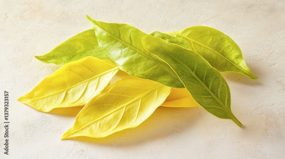 Fototapeta premium Fresh Green and Yellow Leaves on Light Beige Background