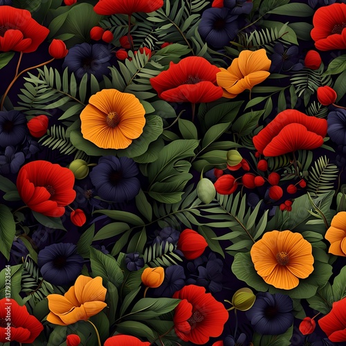 Vibrant Floral Pattern with Red, Yellow, and Blue Flowers on Dark Background