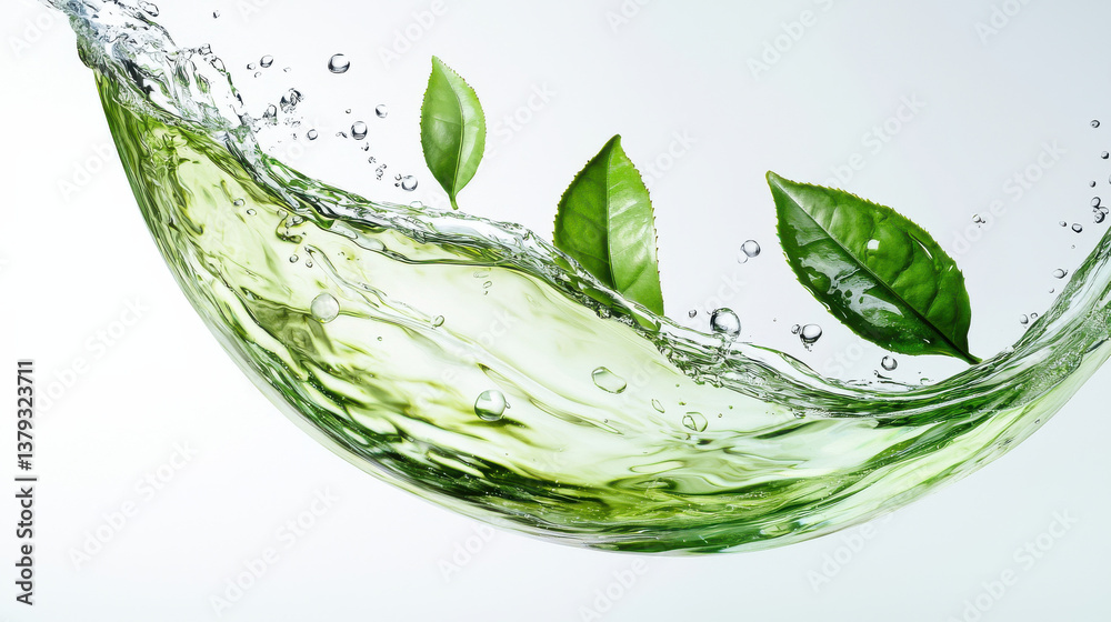 A stylized photograph of swirling green water forming a crescent, tea leaves flowing with the motion, small droplets in kinetic patterns