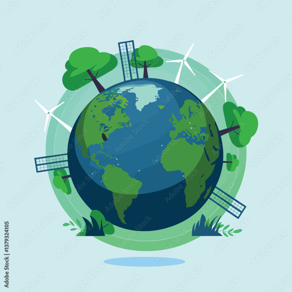 Naklejka premium illustration poster design green Earth with trees, windmills, and a focus on sustainability and Eco-friendly travel using GPS technology. 