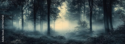mysterious foggy forest landscape at night with tall trees and misty atmosphere