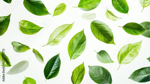 Wallpaper Mural A visual study of vibrant green foliage caught in motion, floating leaves with visible veins and texture, captured at different focus depths Torontodigital.ca