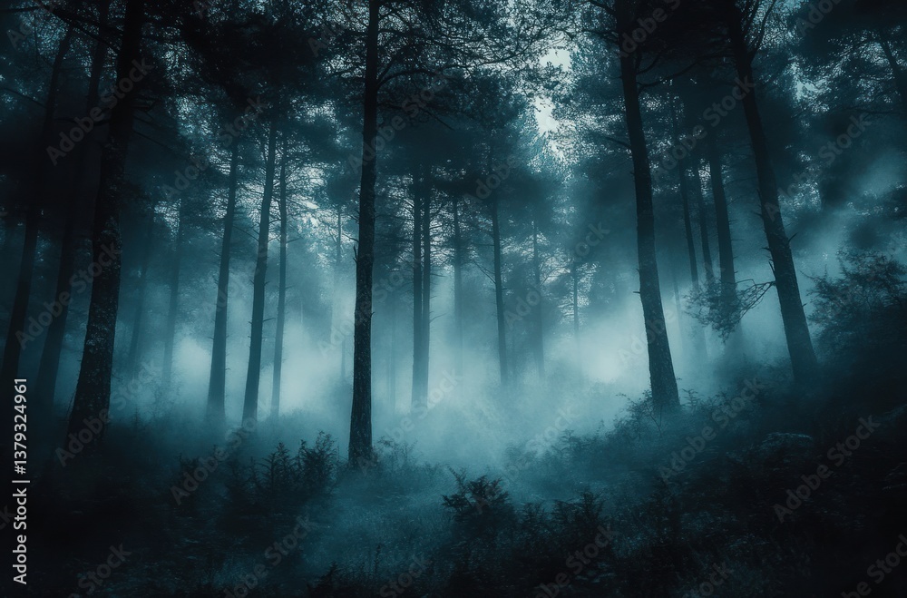 Obraz premium mysterious foggy forest at dawn dark eerie landscape