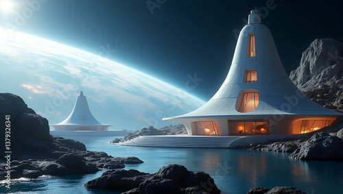 Present an elegant wallpaper design capturing future space habitats with extensive negative space and refined digital imagery that denote advanced sustainable technology innovative habitat integration