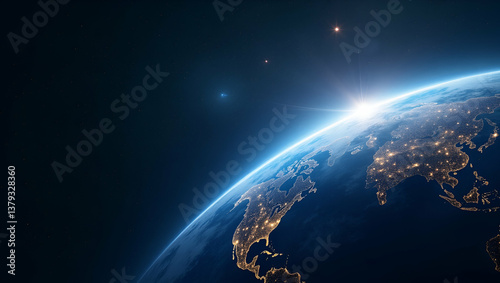 Present an elegant wallpaper design capturing space economy with extensive empty space and refined digital motifs that denote global space commerce advanced investment in orbital infrastructure innova