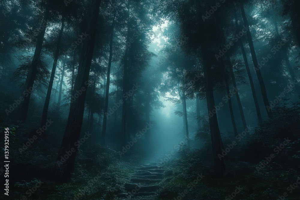 Obraz premium Ethereal Light in Mysterious Dark Fantasy Forest Shrouded in Mist