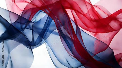 A flowing composition of red and blue sheer fabrics, creating a dynamic visual effect.