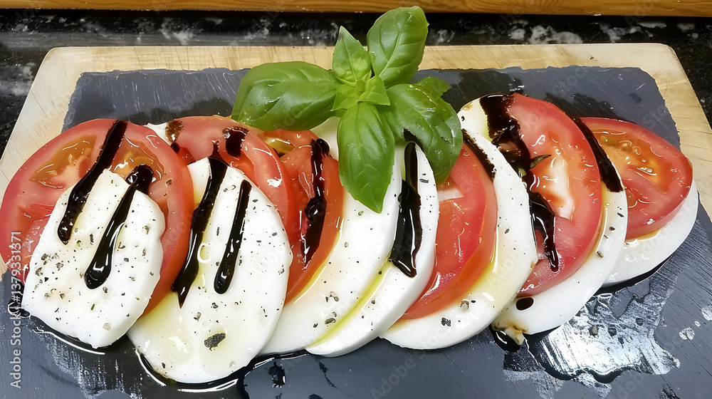 A fresh Caprese salad with tomatoes, mozzarella, basil, and balsamic drizzle.