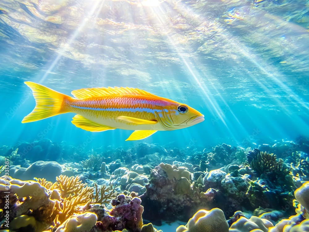 Naklejka premium Yellow Fish Swimming Underwater in a Coral Reef with Sun Rays