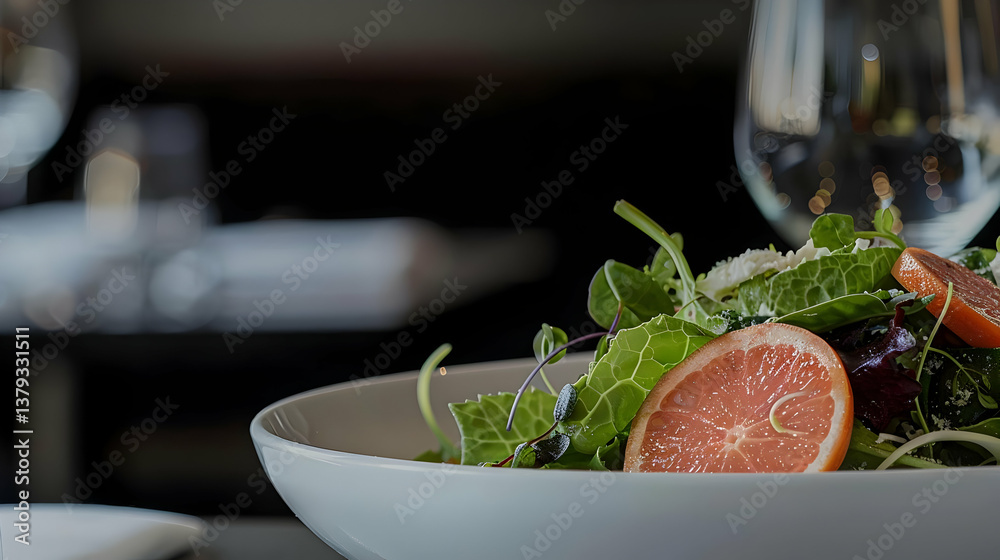 A fresh salad with greens and citrus served in a restaurant setting.